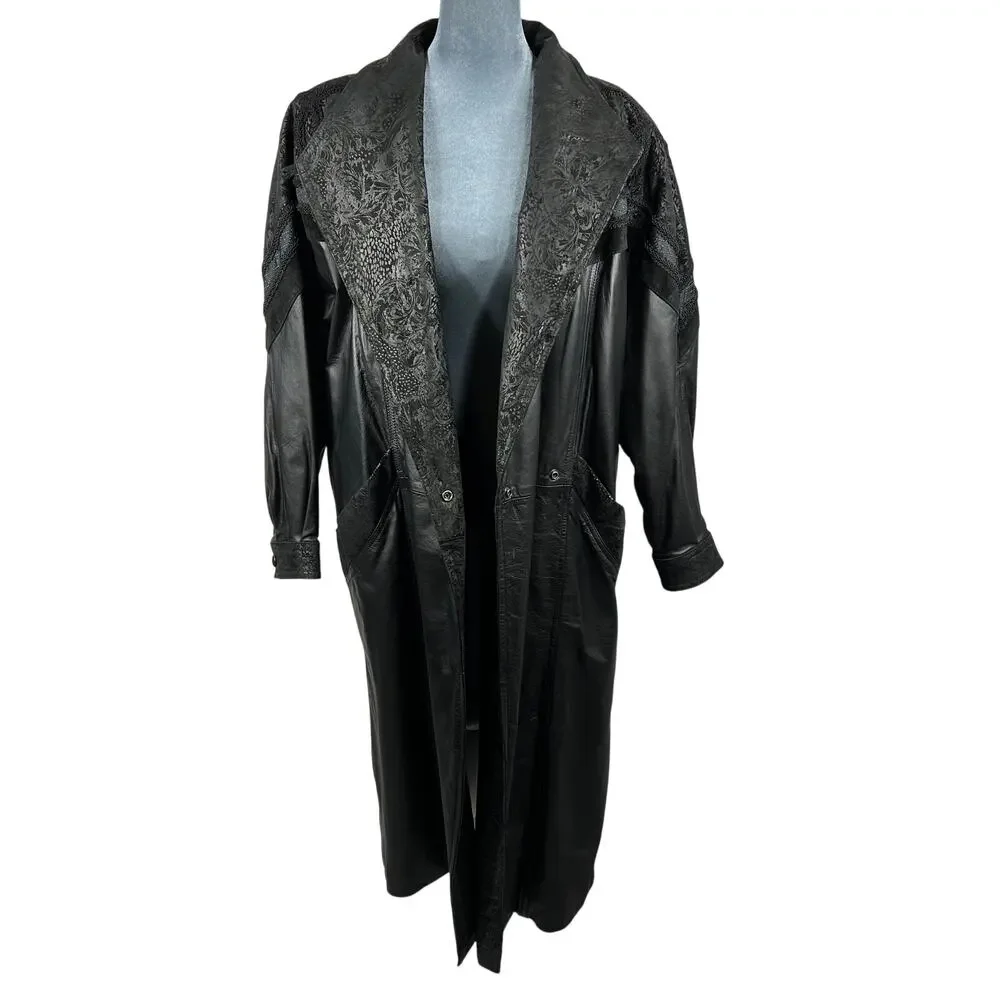Wilsons Leather Long Trench Coat Jacket Mens Medium Black VTG Lace Suede Lined - Picture 5 of 16